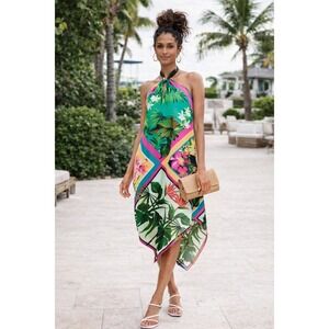 I.N.C. Tropical Print Halter Handkerchief Hem Dress Size XL Boho Resort Vacation